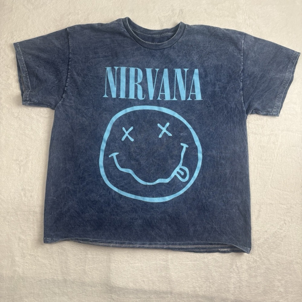 Nirvana Acid Washed Blue Short Sleeve Graphic Band Shirt Logo Men's XL